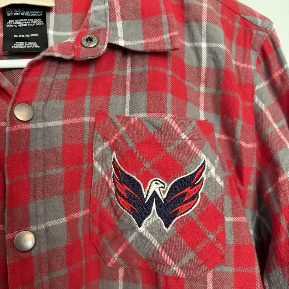Youth NHL Washington Capitals Red Plaid Flannel Shirt Snap Button Long Sleeve‎